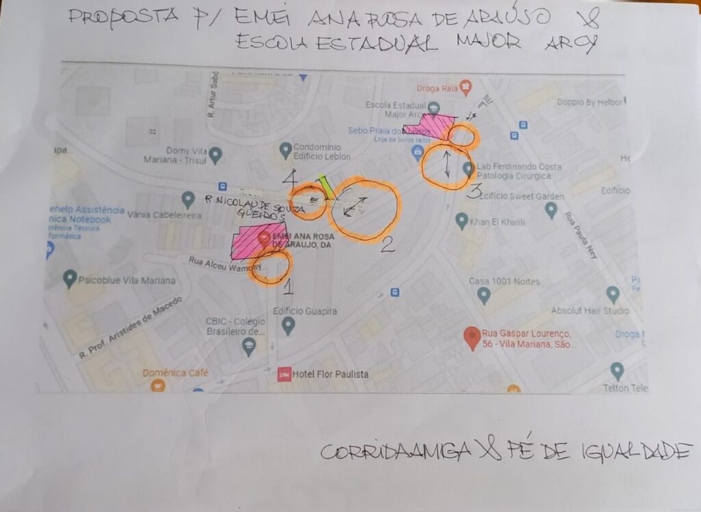 Mapa com identificação dos pontos de intervenções urbanas para segurança viária, Vila Mariana/SP.